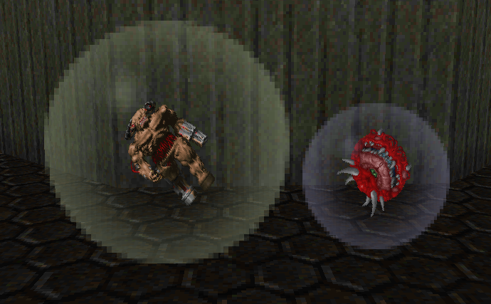 Screenshot of a Cyberdemon and Cacodemon inside bubbles